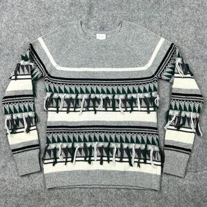 The Lane Sweater Womens Small Gray Green Fair Isle Wool Cashmere Fringe Pullover